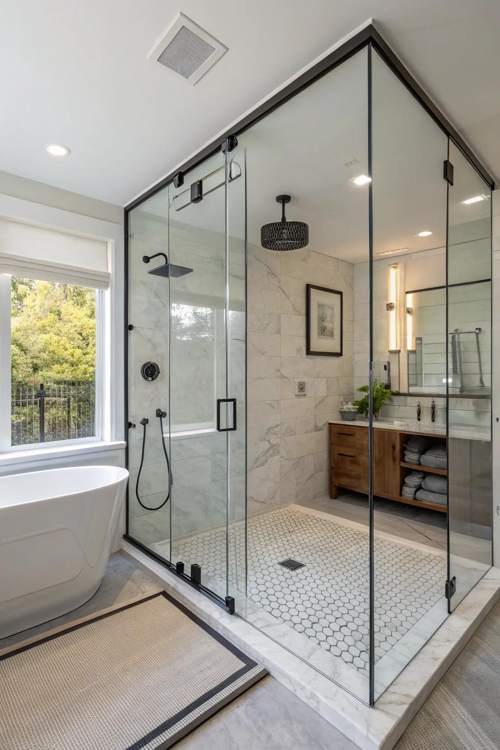 Open, airy walk-in shower designs enhance the perception of space in any bathroom.