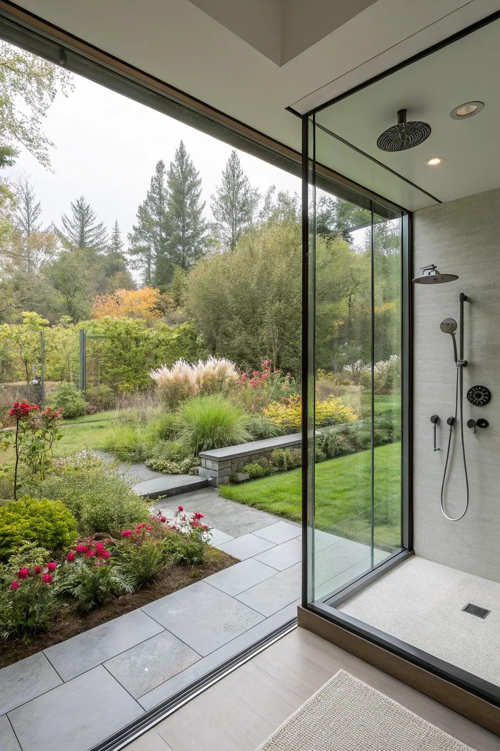 A walk-in shower featuring a large picture window, blending the comfort of indoors with the beauty of the outdoors.