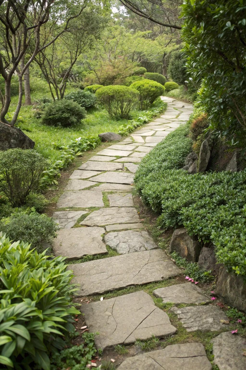 A stone tile walkway introduces a dash of elegance to any garden.