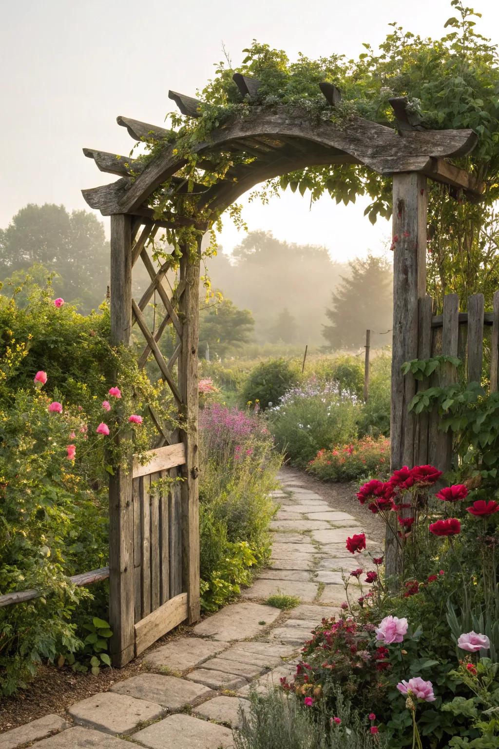 A country-style wooden archway brings enduring allure to any garden pathway.