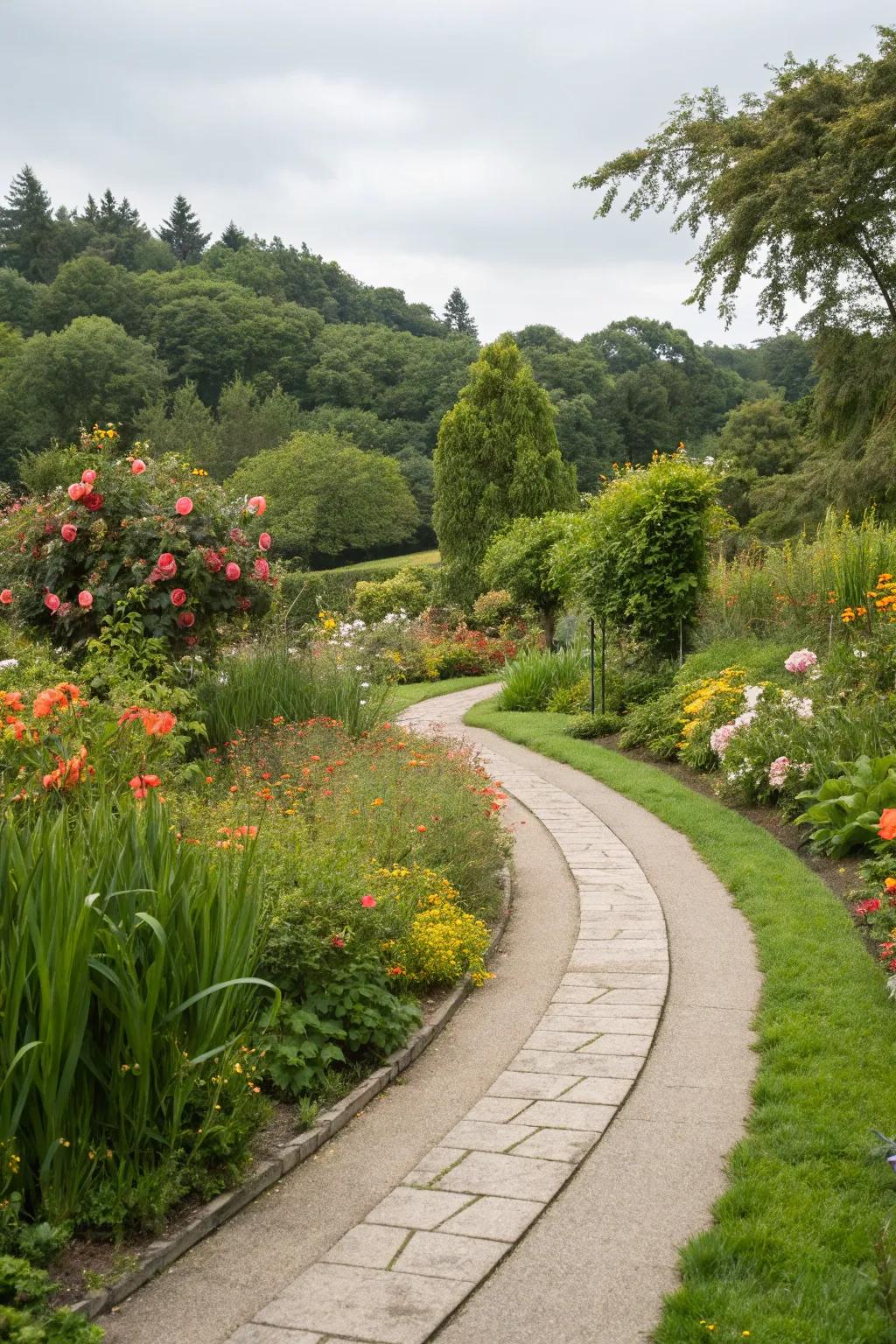 A curved pathway introduces a natural and welcoming flow to your garden.