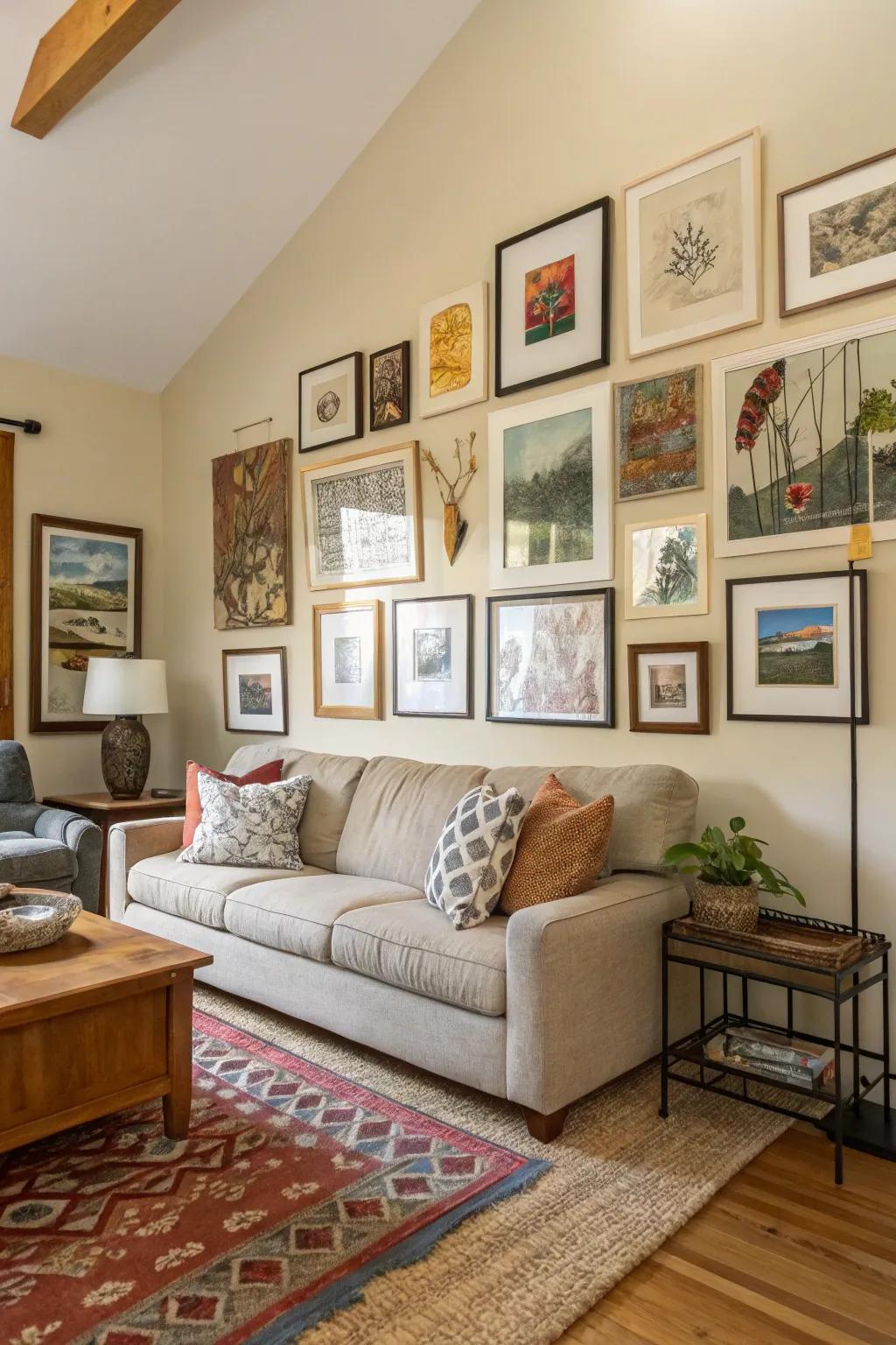 A stylish gallery wall showcasing a diverse array of art and frames.