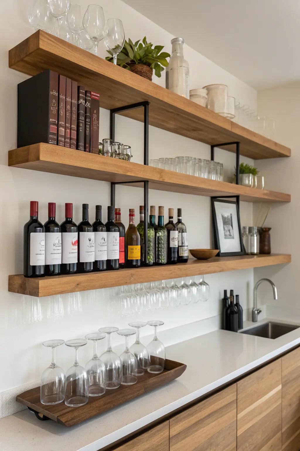 Minimalist shelves provide a streamlined design for a current home bar arrangement.