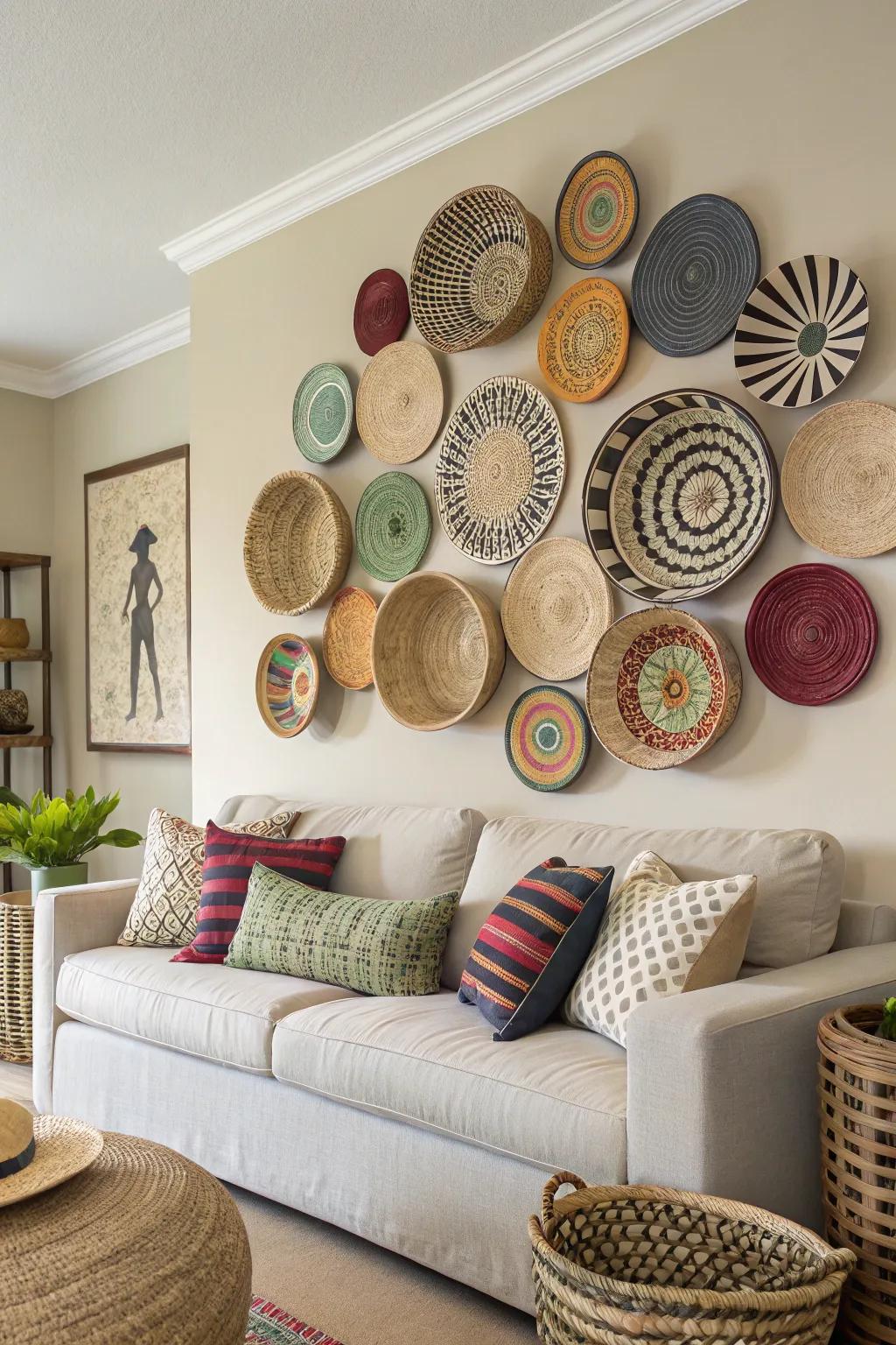 A basket arrangement on the wall infuses texture and coziness into any setting.