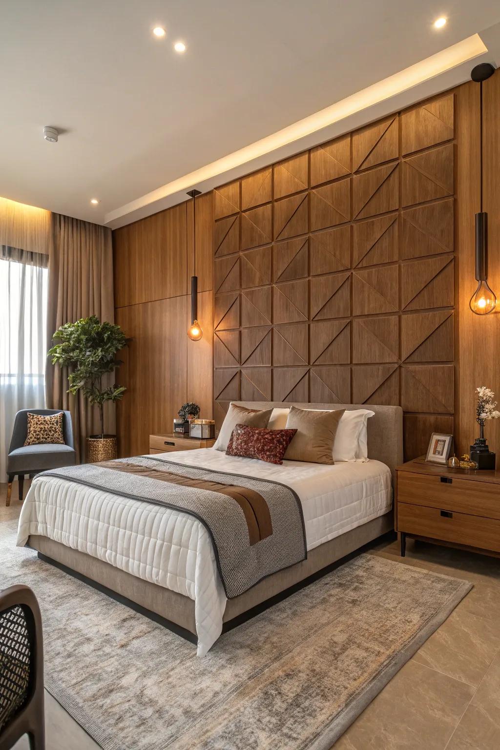 Comforting lumber finishing establish a textured setting behind the bed.