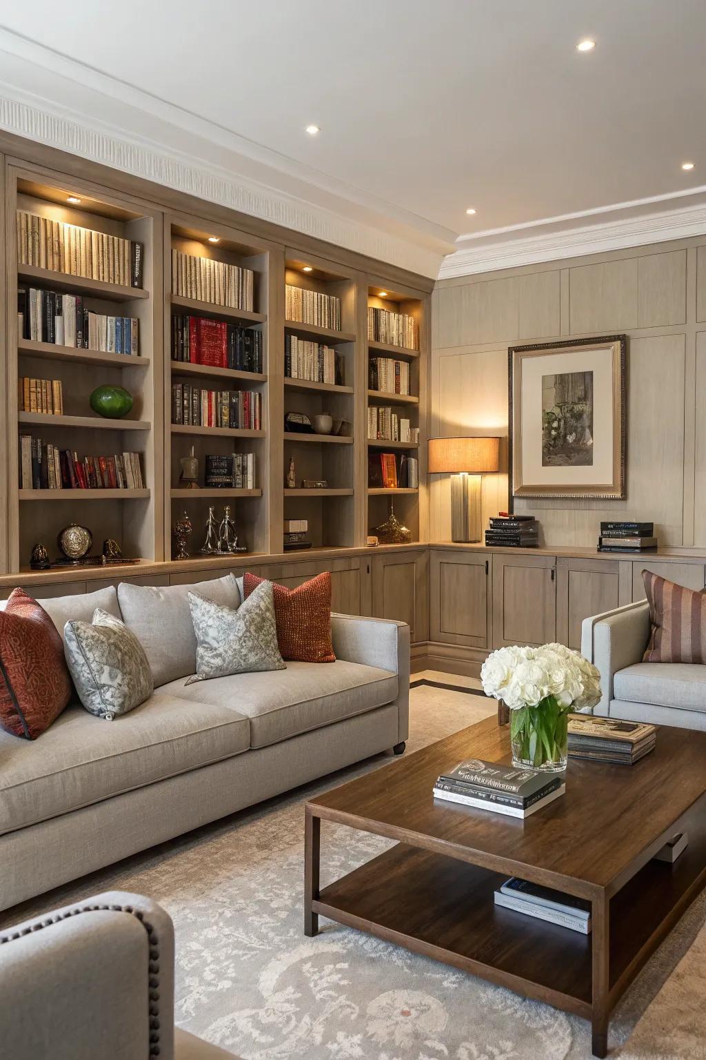 Harmonious integration of bookshelves in your living room creates an inviting atmosphere.