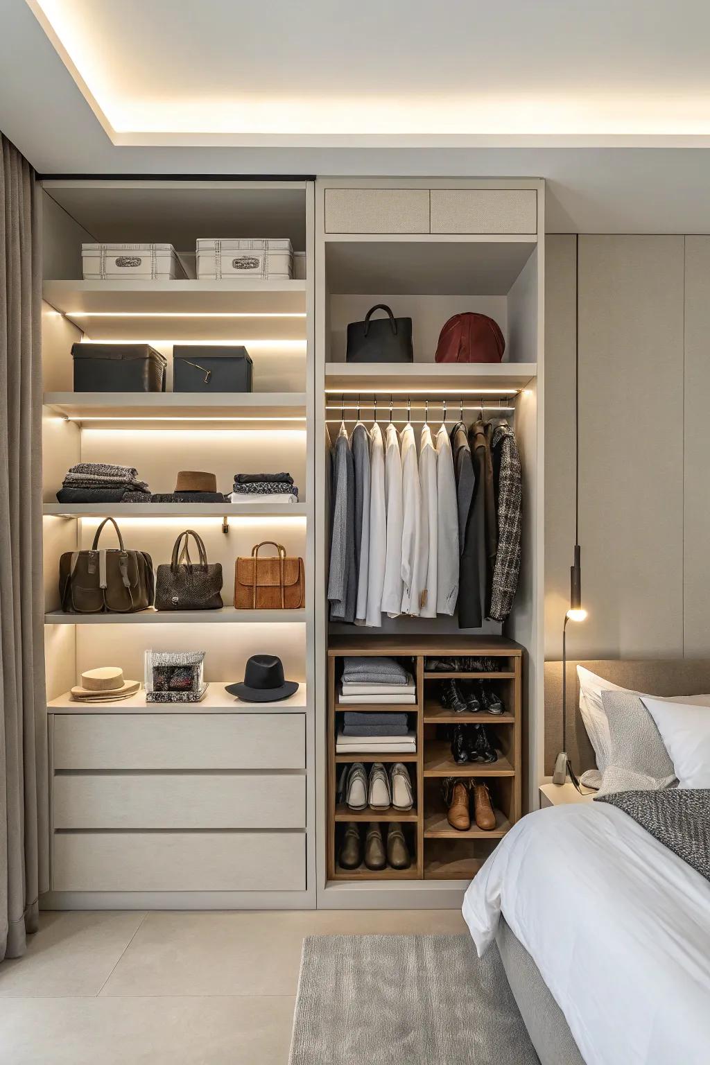 Open shelving in a wall closet offers convenient access and organization.