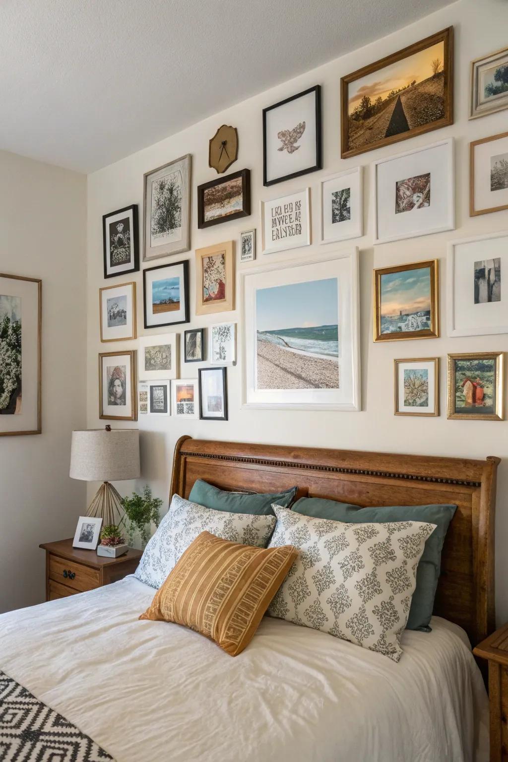 A personalized gallery display enhances the bedroom with grace and individuality.