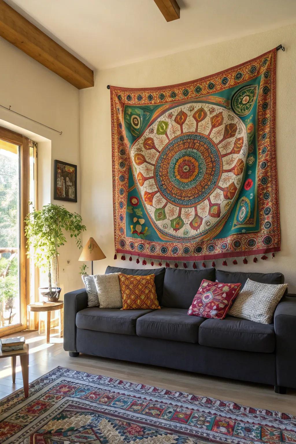 A tapestry can serve as the focal point in your living area.
