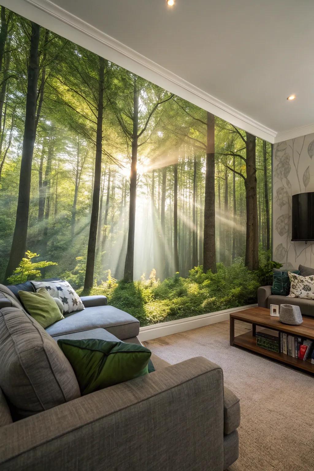 Experience the tranquility of the forest with this vibrant wall mural.