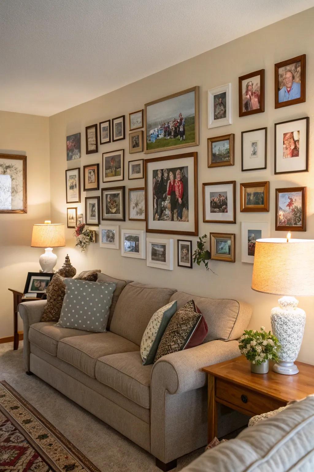 A custom photo exhibit wall celebrating family milestones.