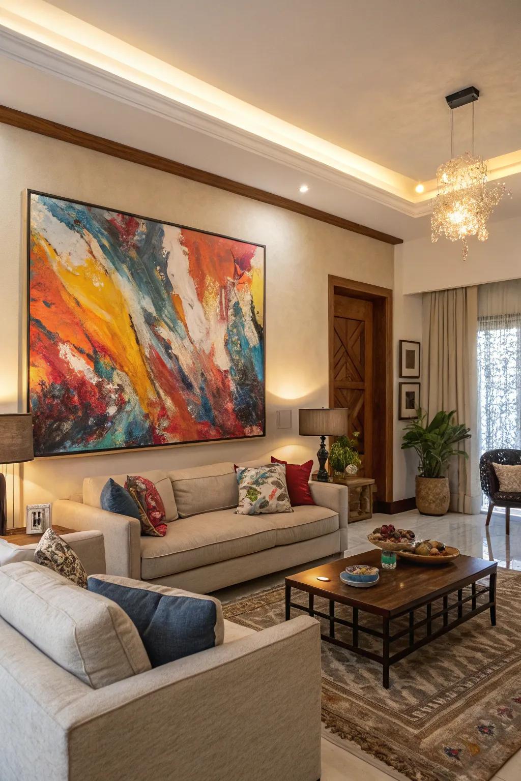 A striking abstract piece can transform your living room into a personal gallery.