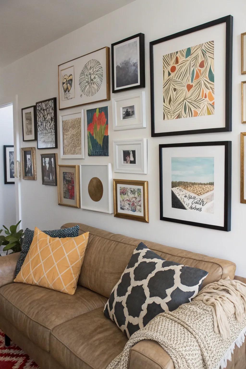 A lively gallery wall creating a personalized narrative.