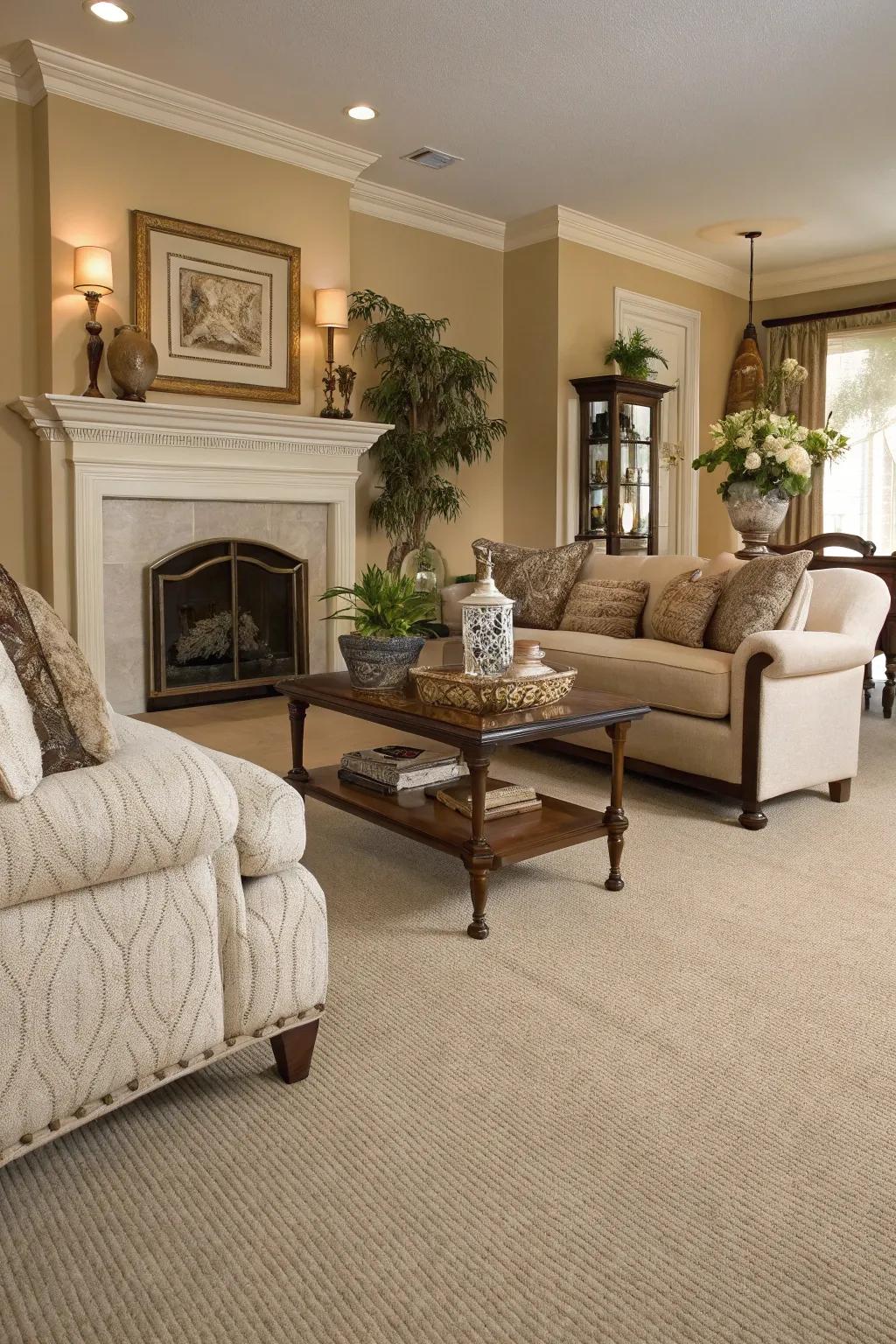 Neutral carpets provide a serene and balanced atmosphere.