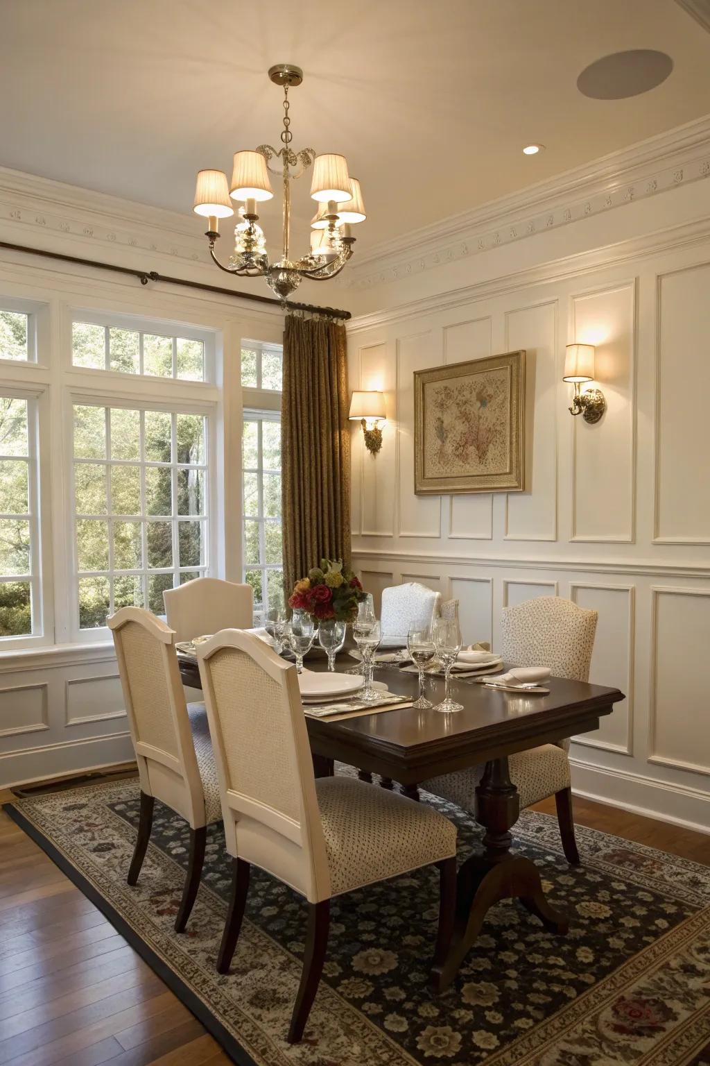 Elegant wall paneling enriches this dining area with sophistication.