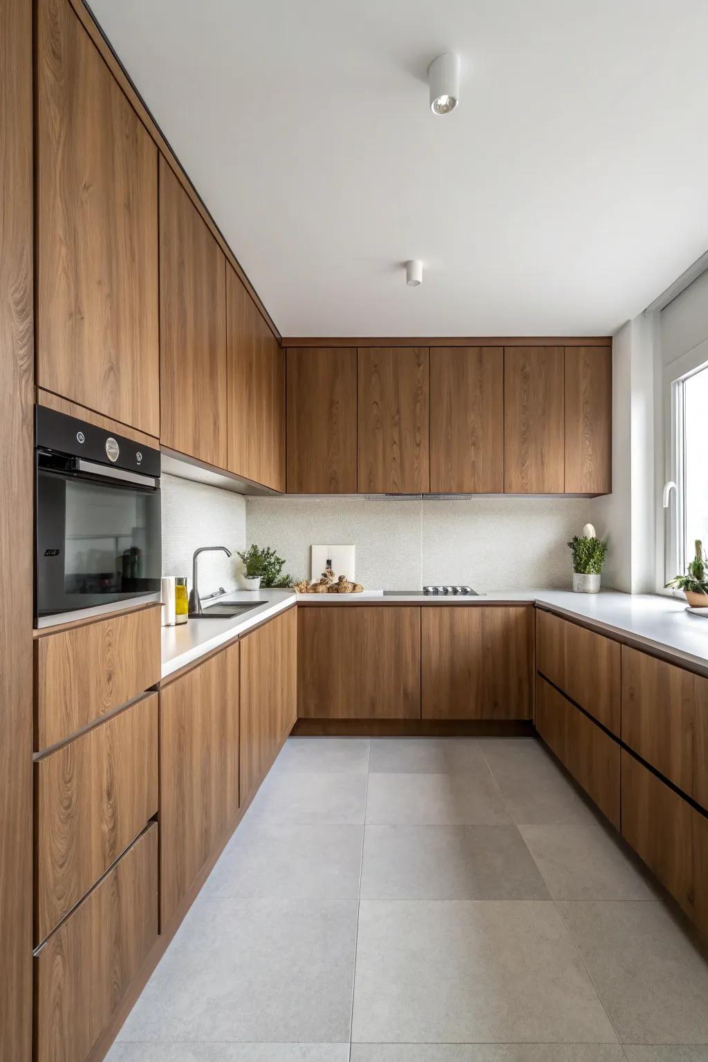 Minimalist walnut units showcase an uncluttered and refined design.