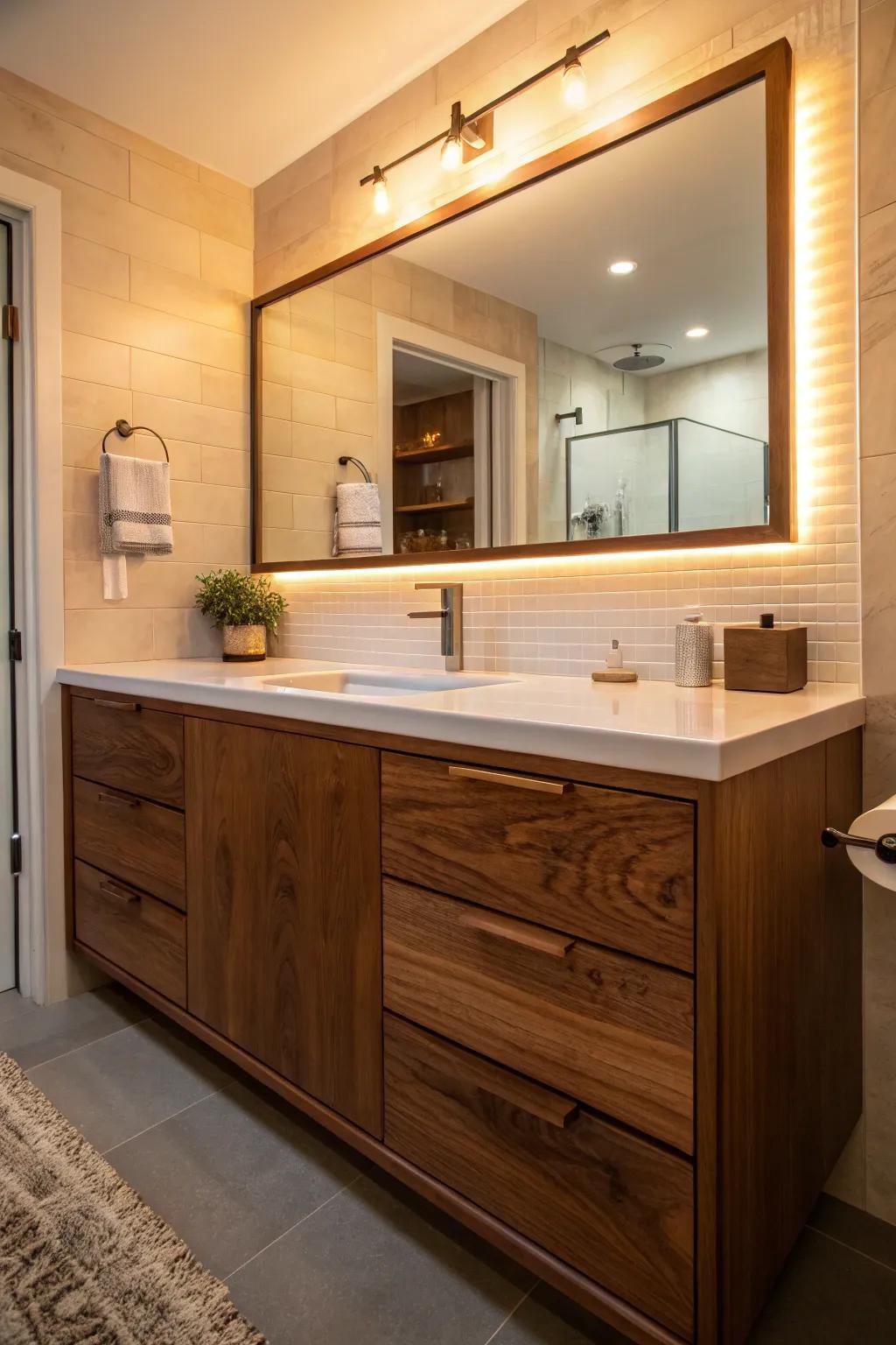 The deep, unadulterated finish of pecan infuses warmth into any bathroom setting.
