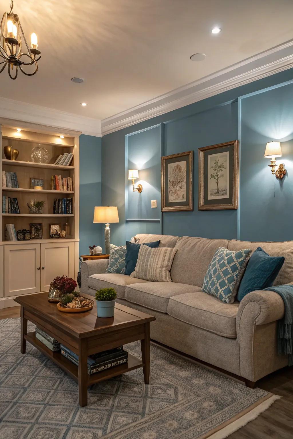 Create a sanctuary in your living room with walls painted in a comforting warm blue.