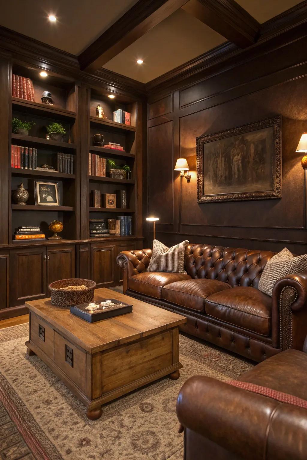 Deep earth tones introduce a sense of depth and coziness to a masculine living room.