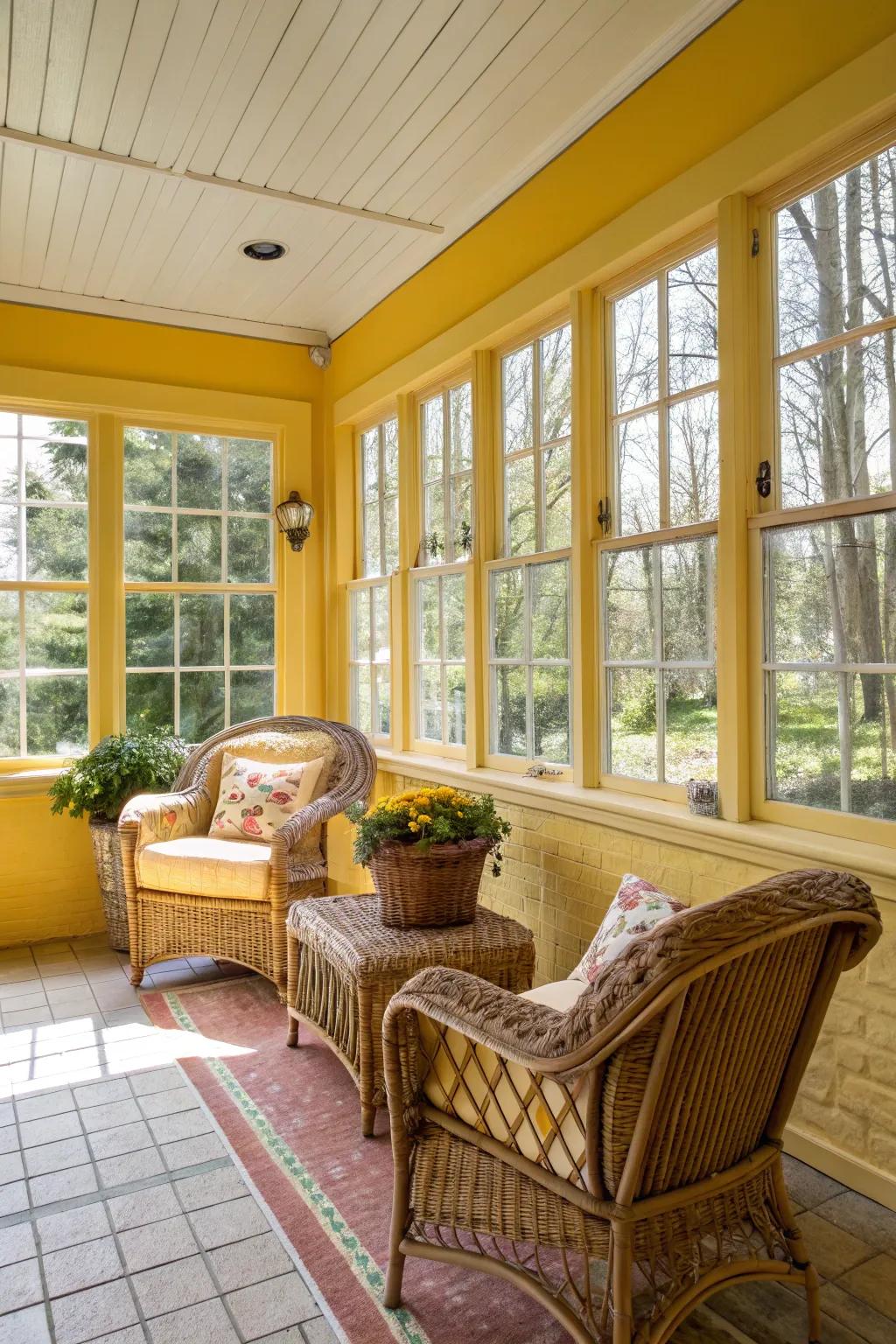 A sunroom painted in a lively sunny yellow, radiating warmth and cheer.