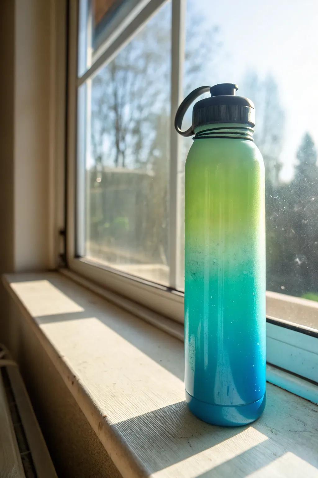 A drinking bottle showcasing a vivid ombre design with shades of blue and green.