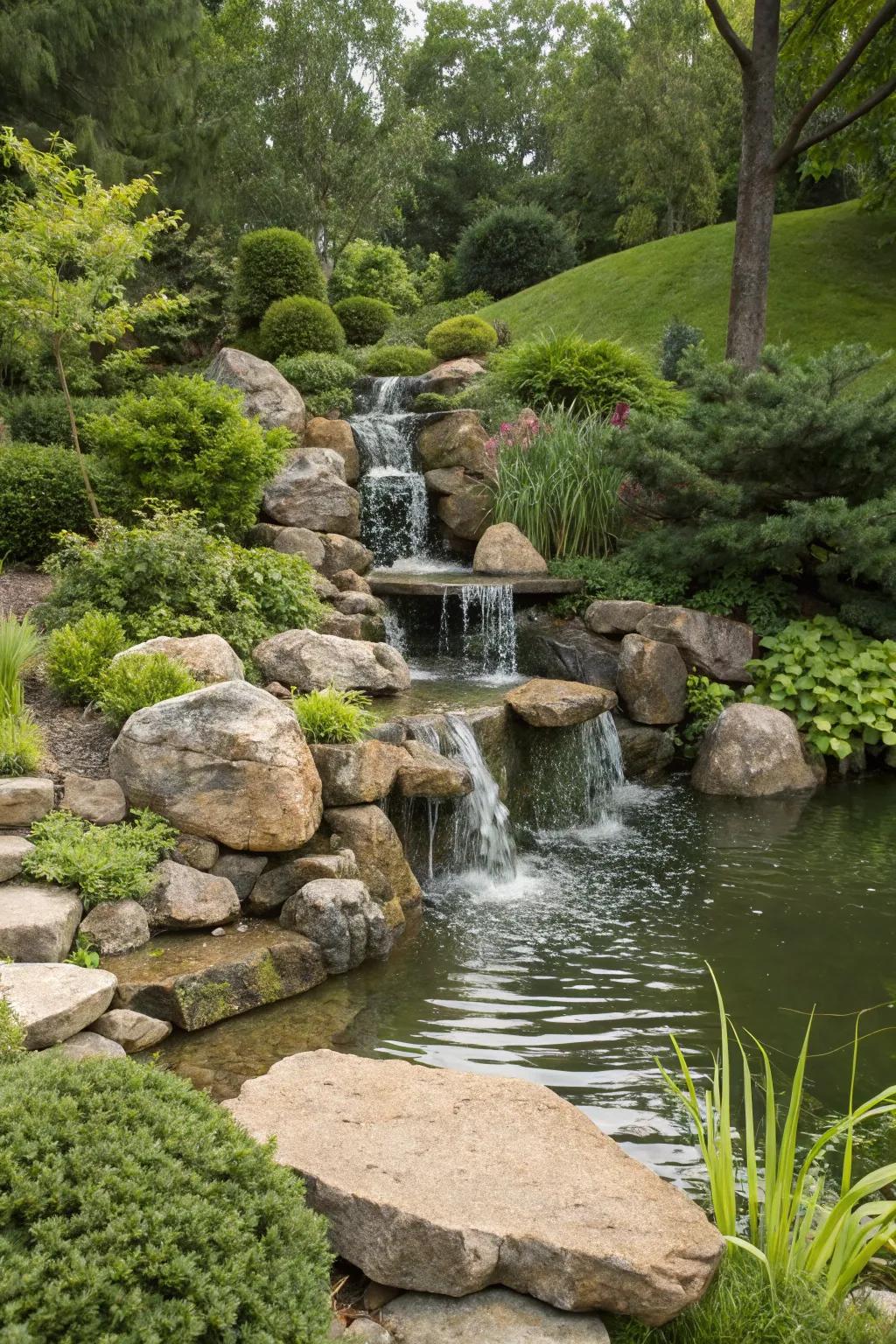 A cascading rocks waterfall brings a natural element to your yard.