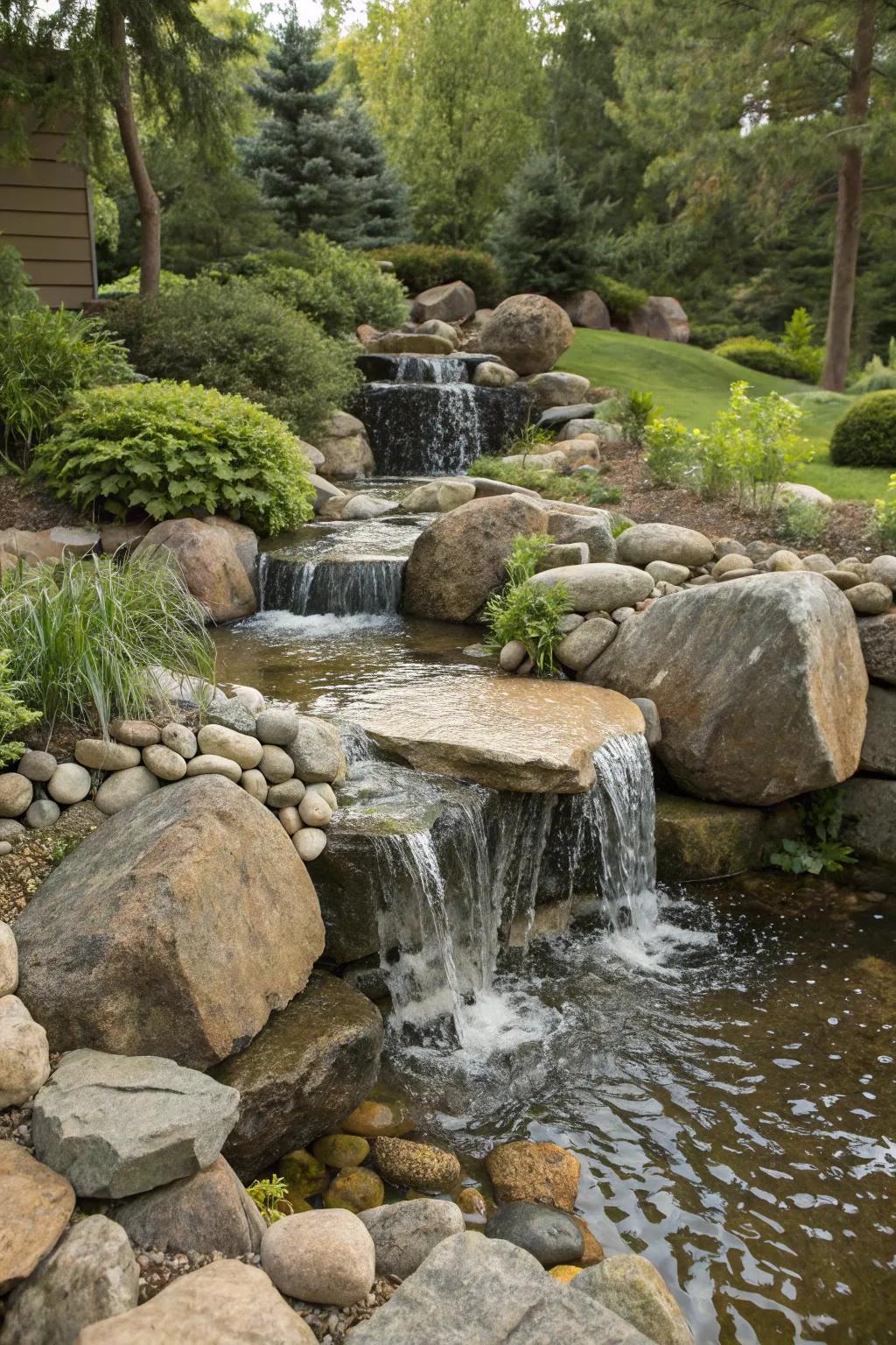 A garden waterfall featuring water elegantly cascading over a medley of natural stones.
