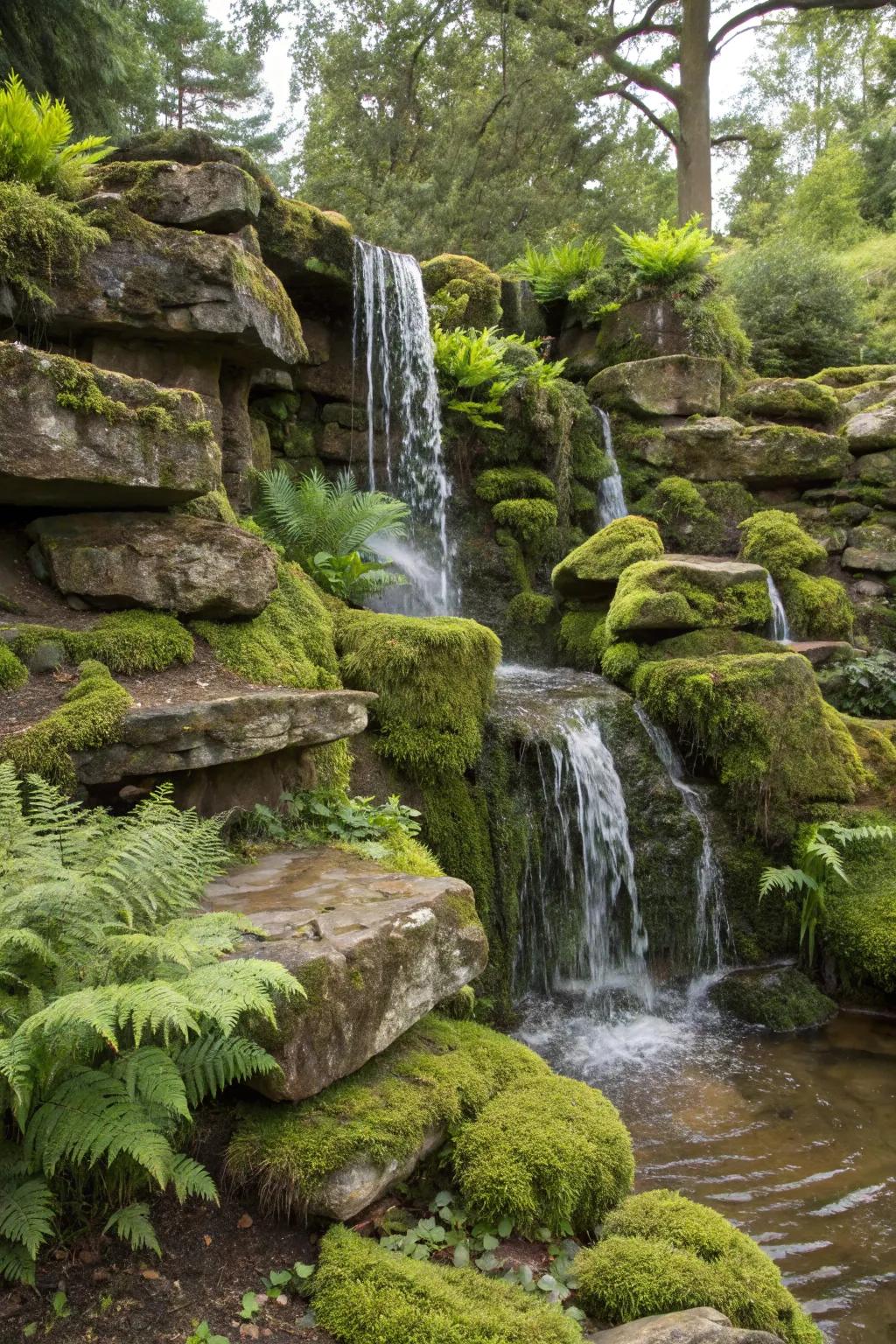 A layered rock cascade provides a calming sound experience within the garden.