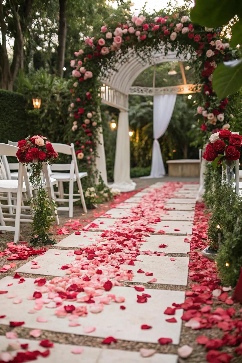 A romantically adorned aisle featuring brilliant rose petals for an enchanting entrance.