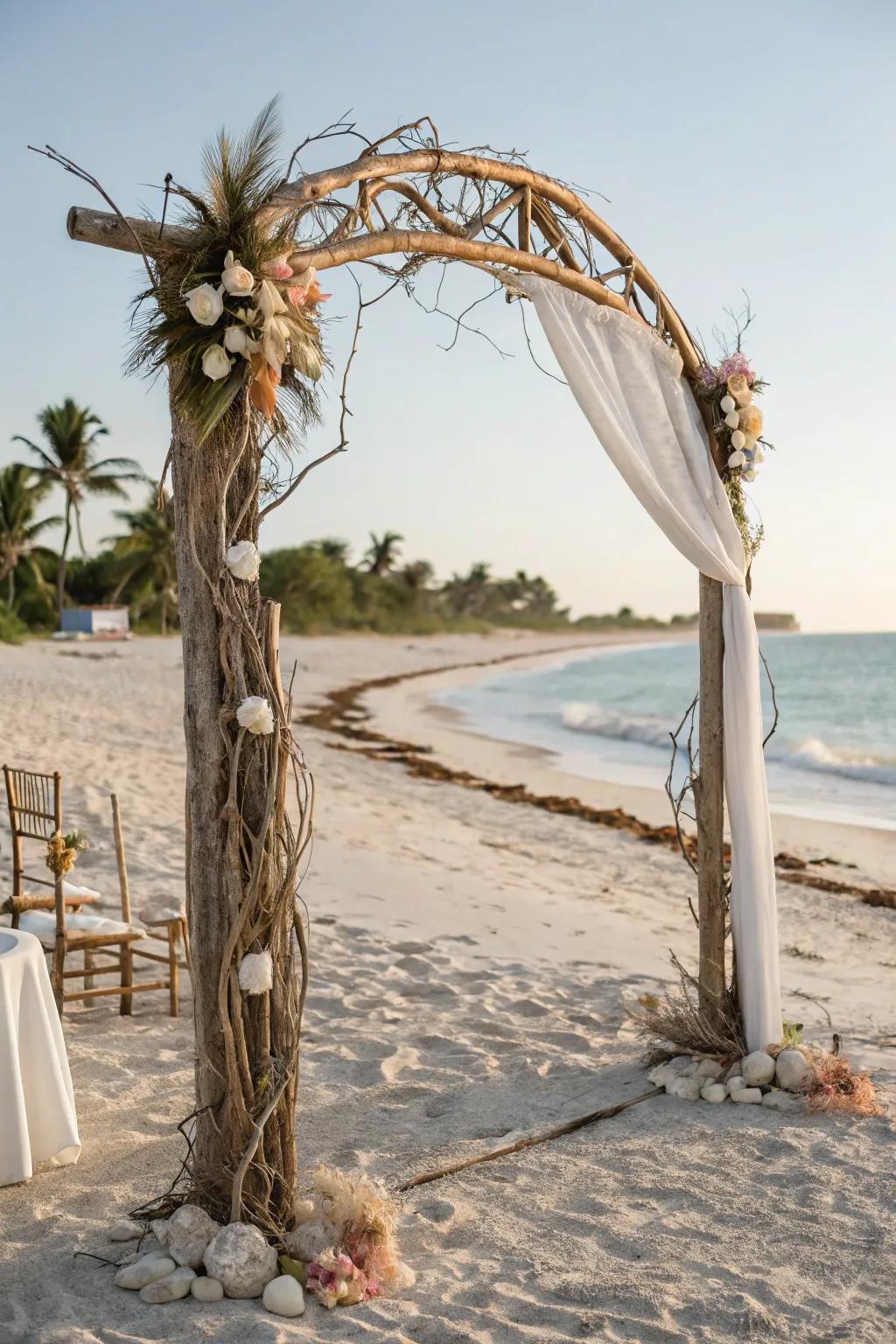 A charming beach wedding arch adorned with seashells and driftwood.