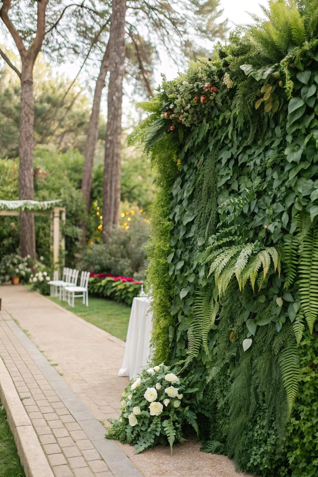 A tranquil wedding scene highlighted by a lavish greenery wall.