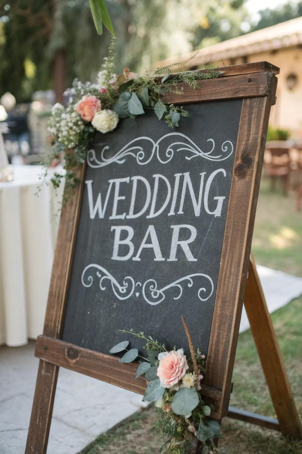 A delightful chalkboard bar sign featuring playful text and floral accents.