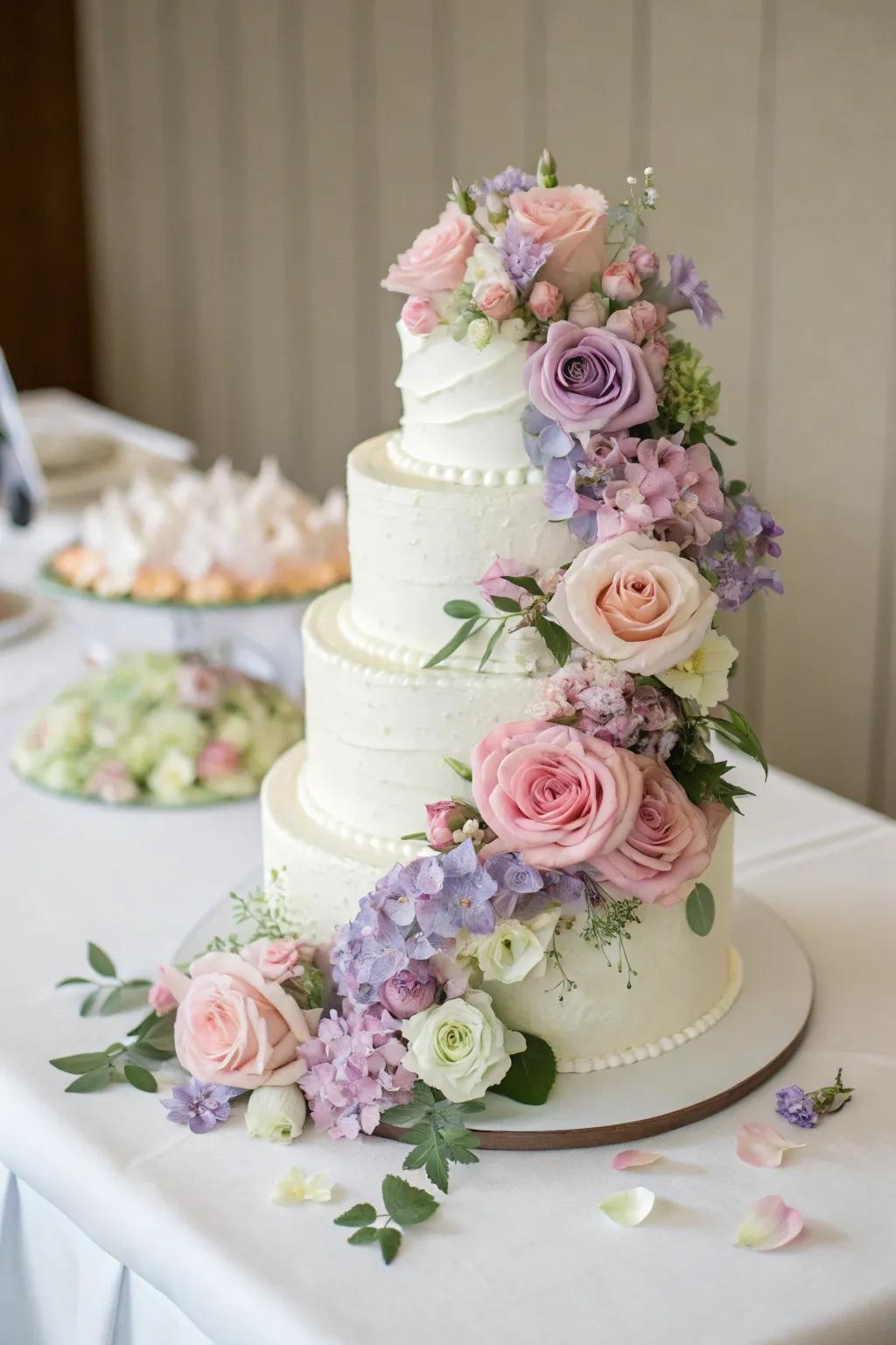 A wedding cake featuring cascading actual flowers for an impression of timeless beauty.