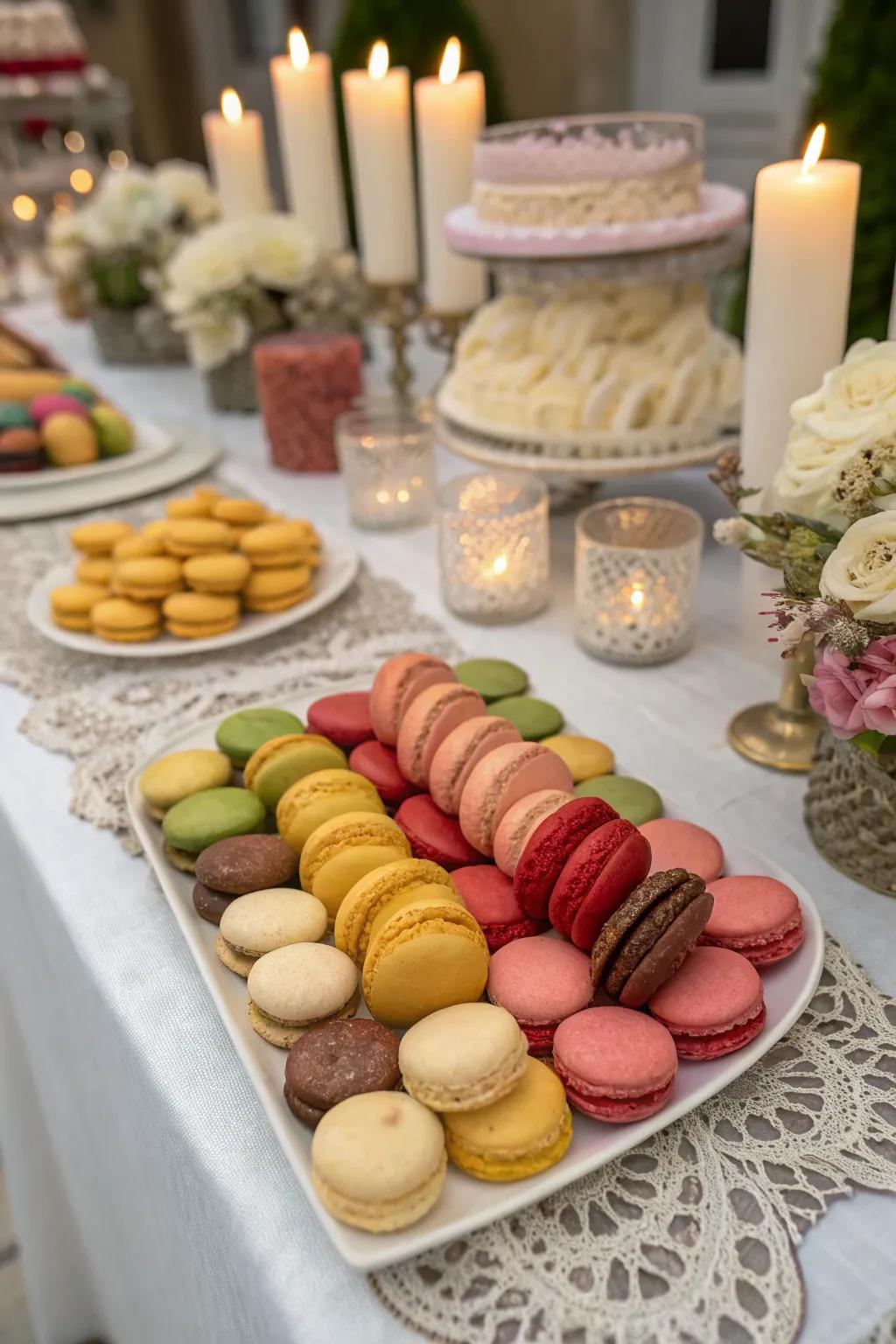 A wedding cookie table boasting a variety of cookies in different shapes and flavors.