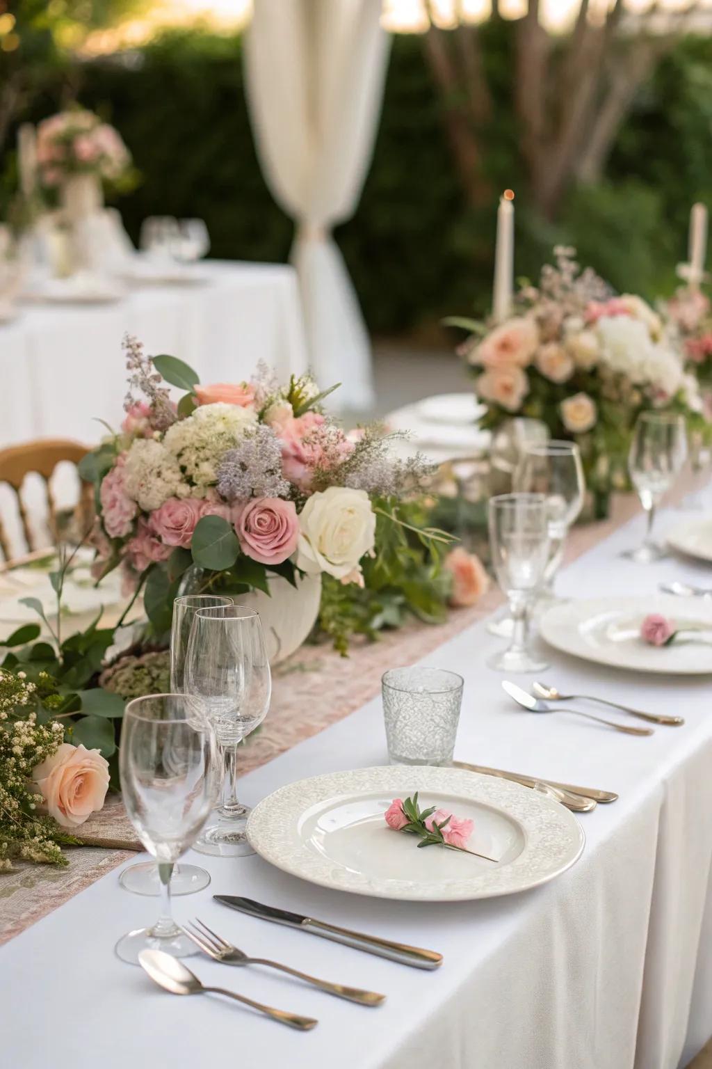 An elegant wedding table showcasing vibrant floral centerpieces and sophisticated tableware.