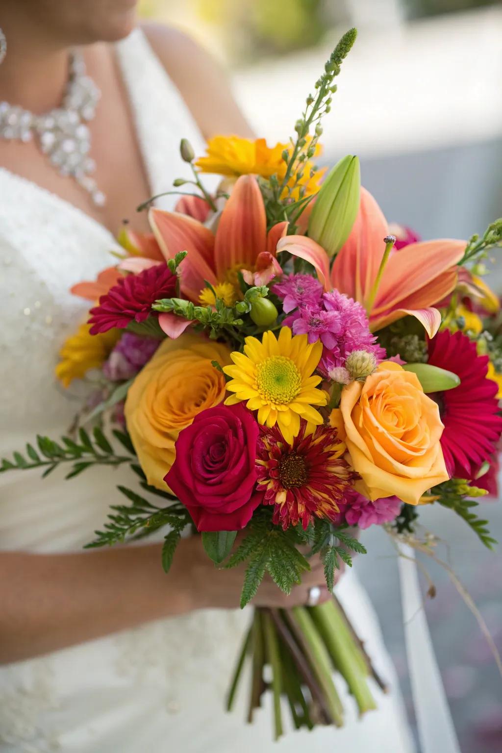 A stunning bridal bouquet showcasing a balanced mix of seasonal flowers, perfect for any bride.