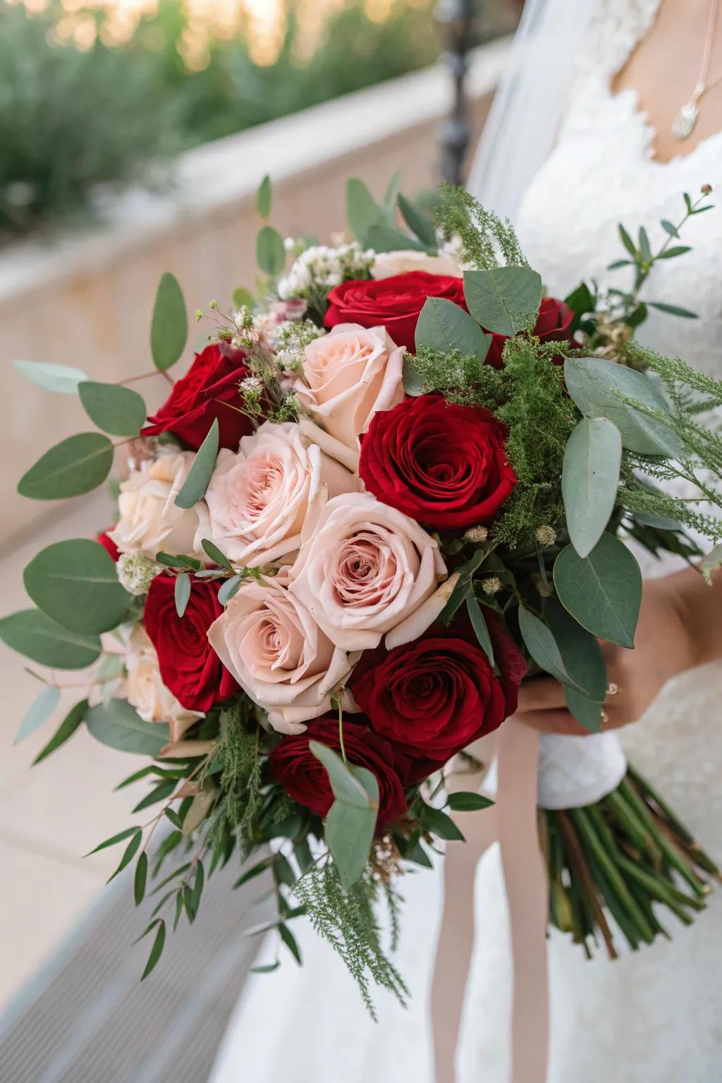 A classic bridal rose bouquet featuring red and blush hues.