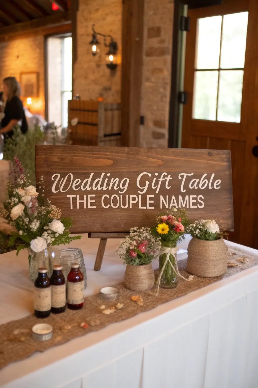 A personalized wooden plaque for the gift table.