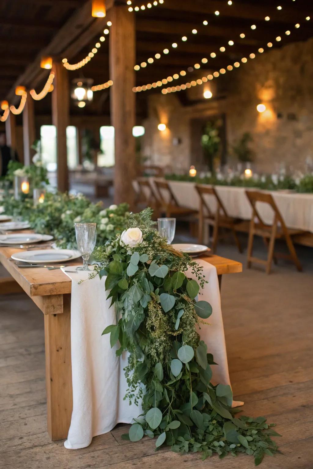 A wedding head table is gracefully decorated with a lavish greenery garland.