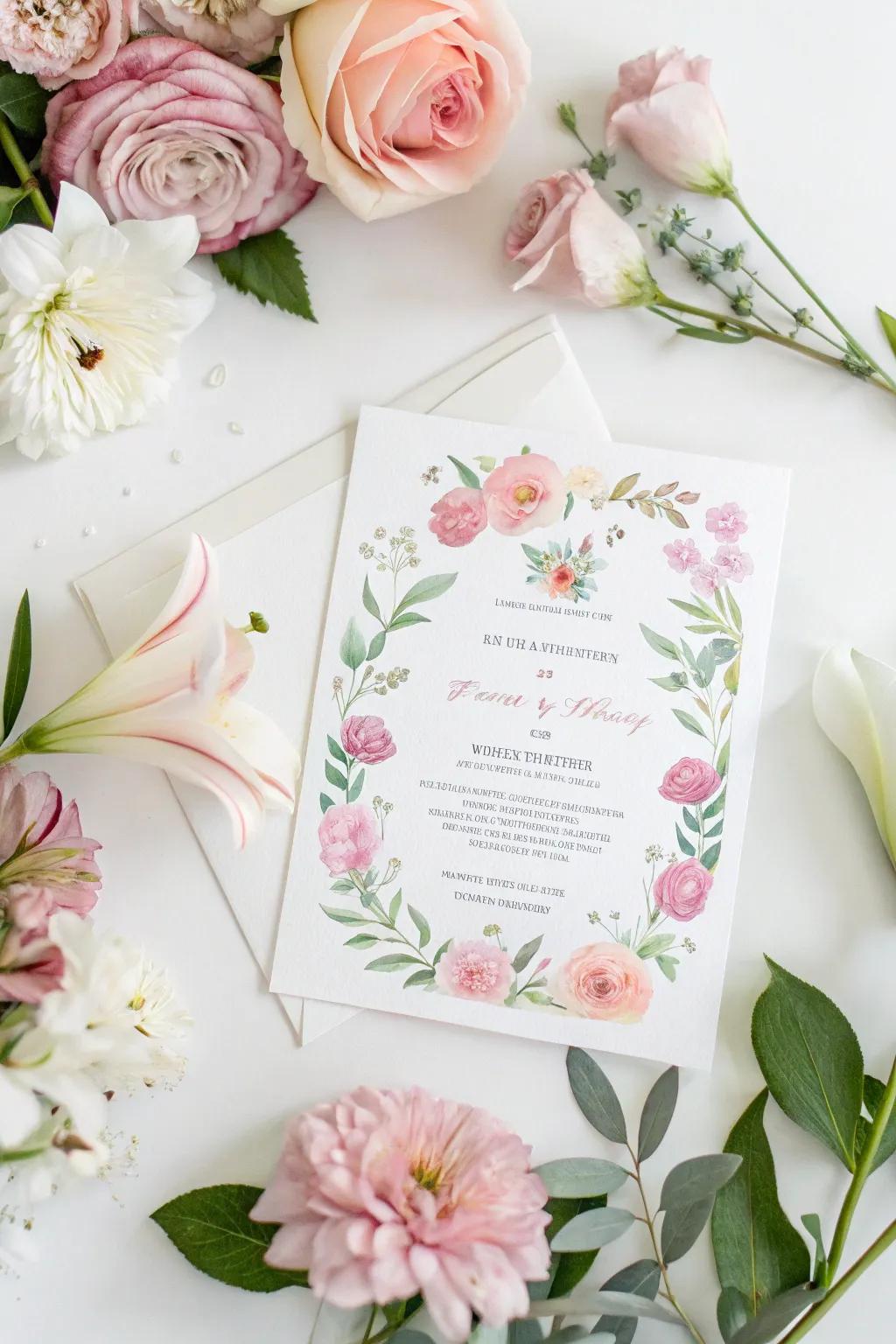 A watercolor floral wedding invitation with a gentle, romantic atmosphere.