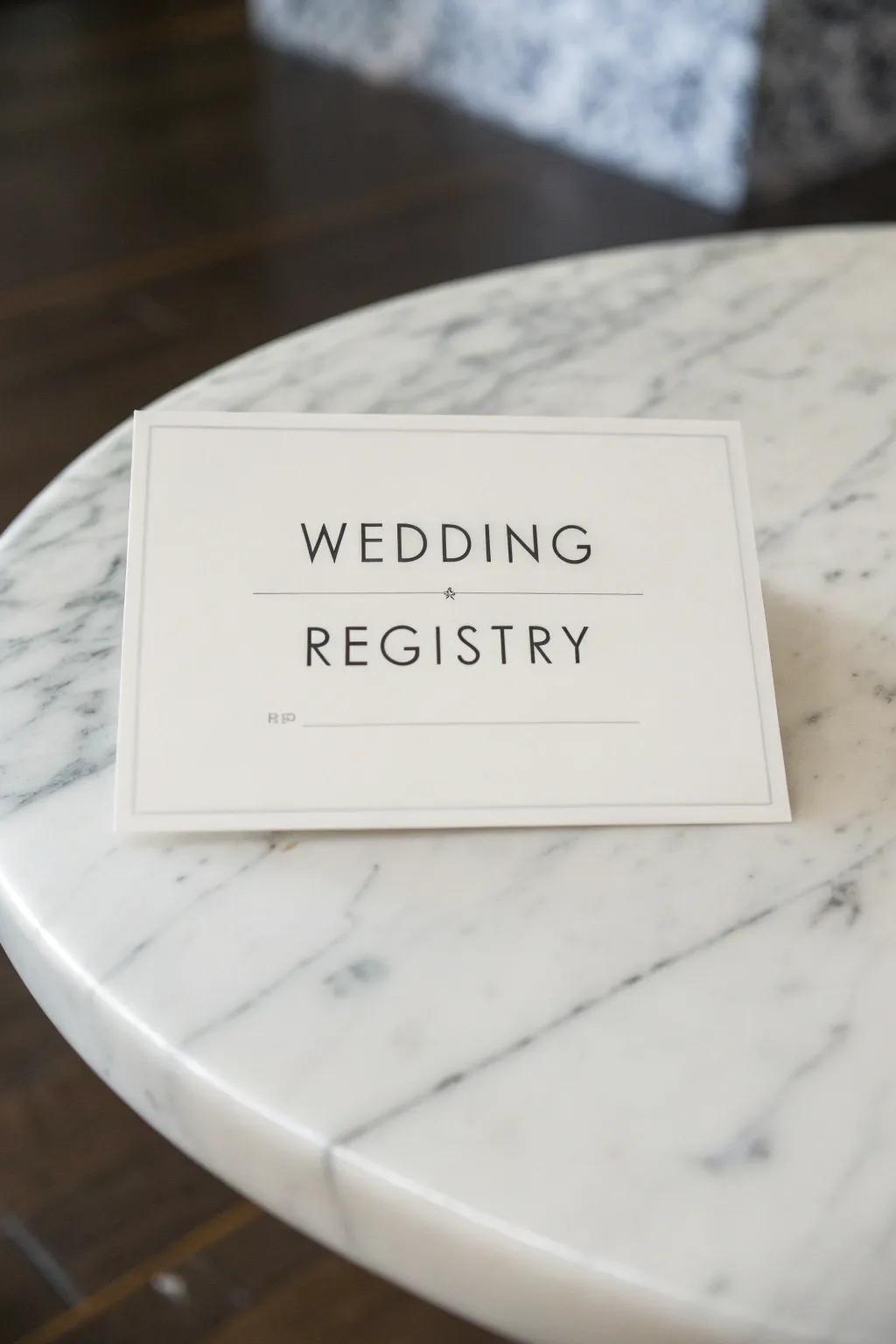 A minimalist wedding registry card distinguished by its uncluttered design and refined typography.