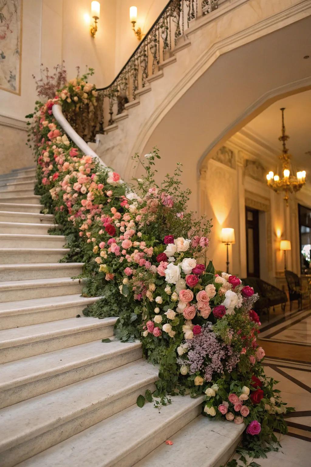 A stairway changed into a botanical dreamland using flowers that are in season.