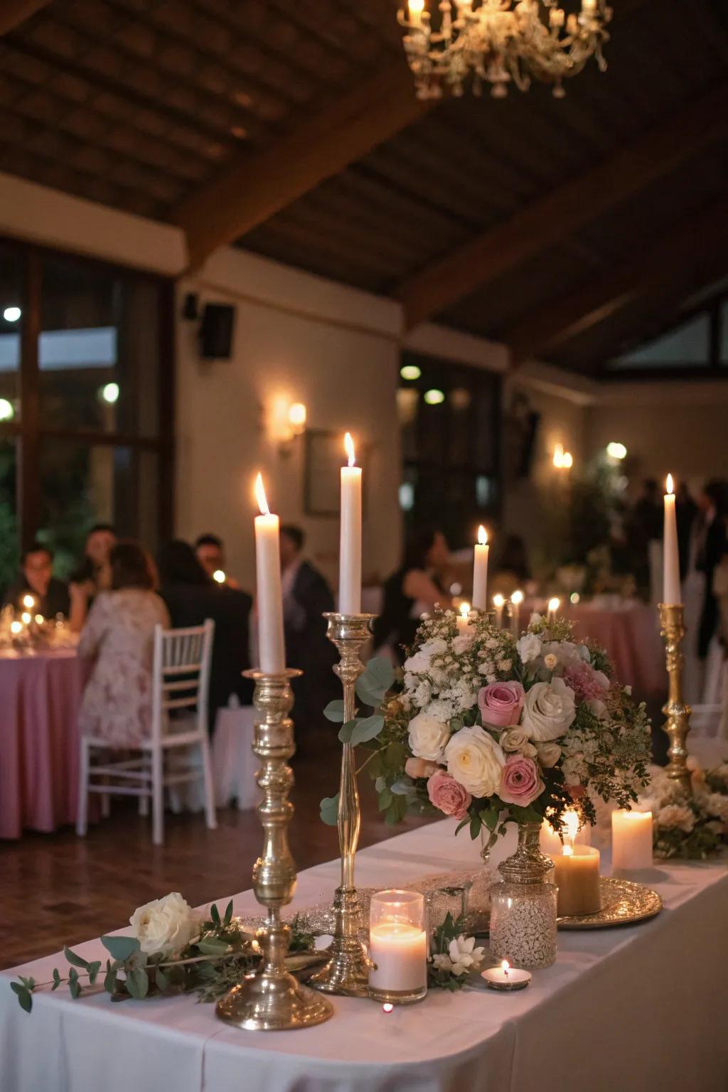 A tablescape bathed in candlelight fosters an intimate ambiance.