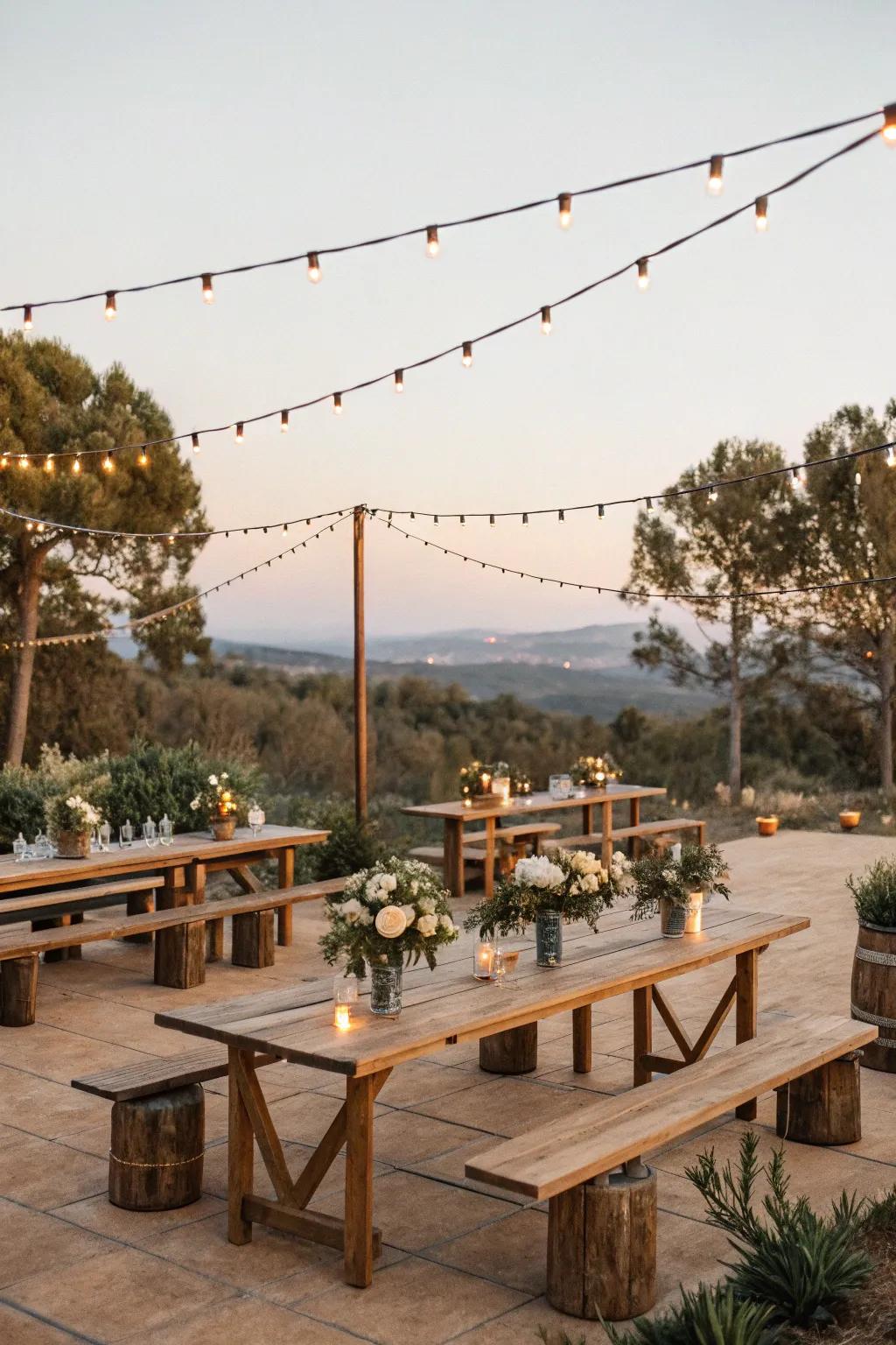 A countryside wedding theme, showcasing the use of wood and delicate lighting.