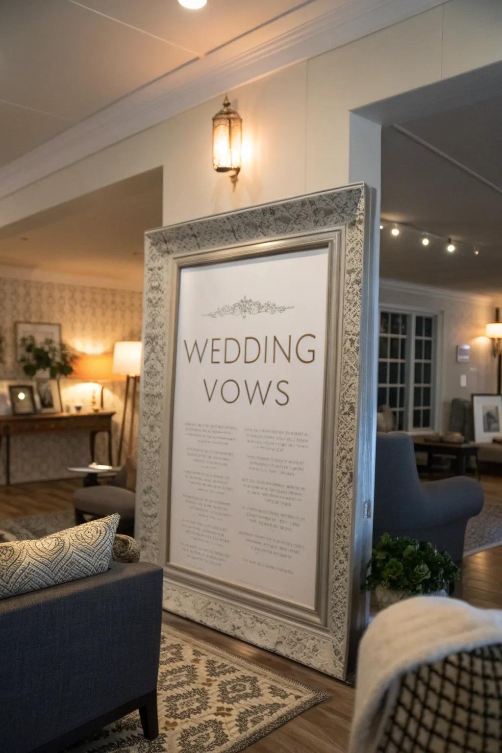 Elegantly framed wedding vows command attention in a chic living space.