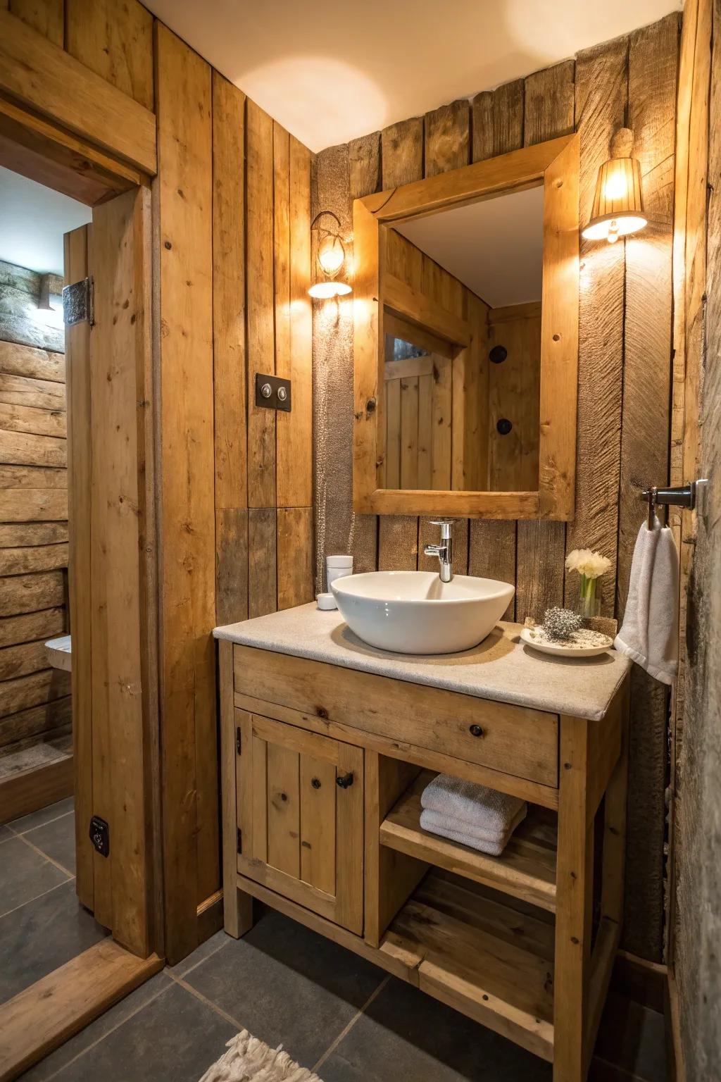 A bathroom showcasing a timber vanity paired with salvaged wood paneling.
