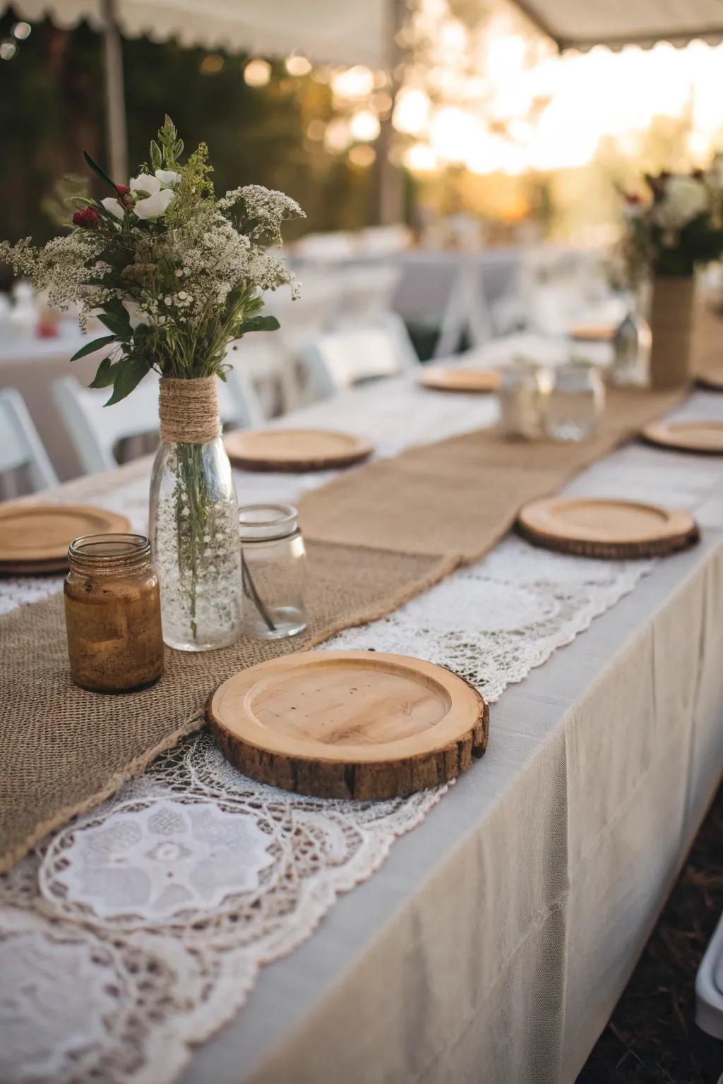 Burlap and lace together bring a country-style refinement to any table.