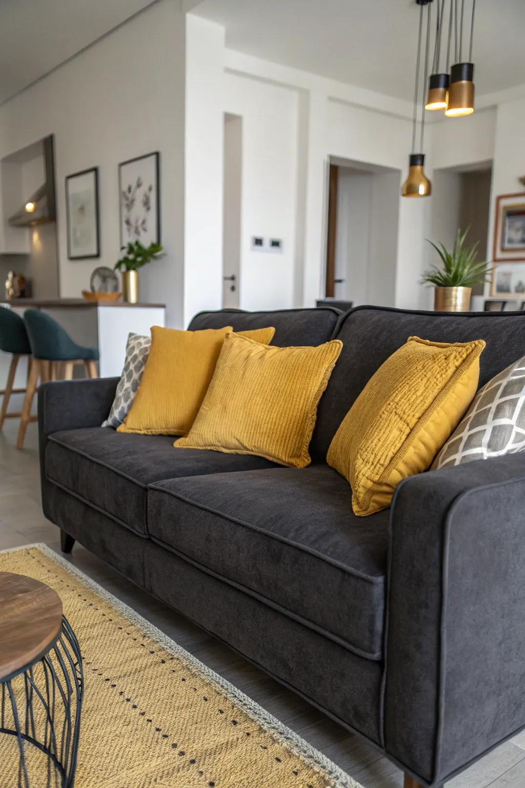 Sunflower yellow cushions bring a cozy and welcoming element to this dark grey sofa.