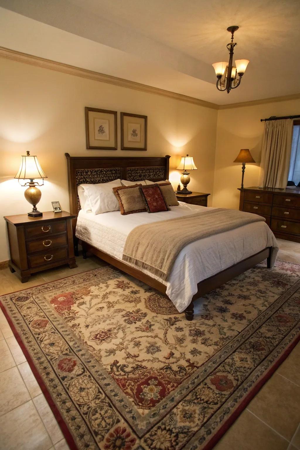 An 8x10 rug gracefully stretches beyond a queen bed, delivering a balanced and conventional aesthetic.