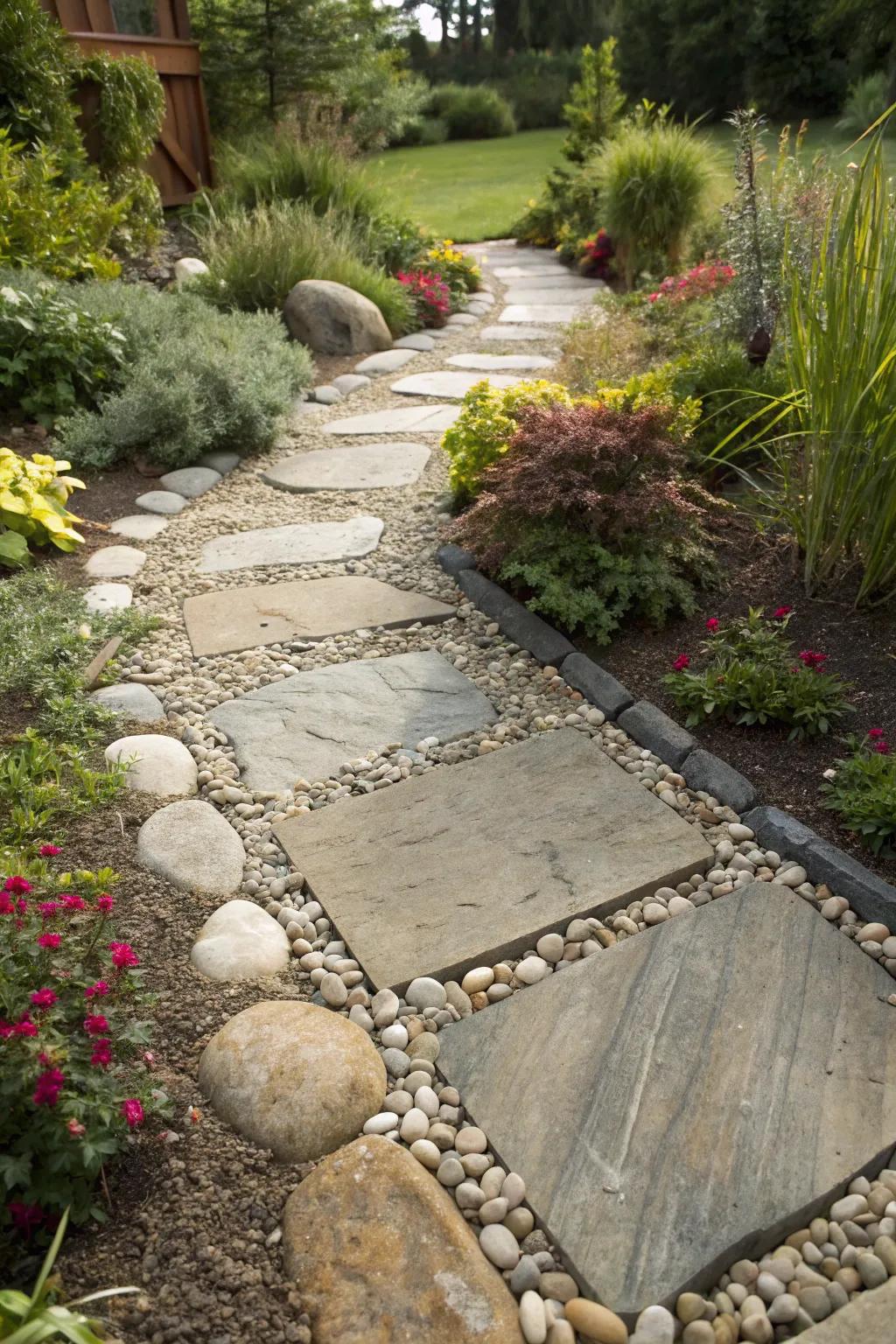 Flagstone path with small stones creating a natural and refined aesthetic.